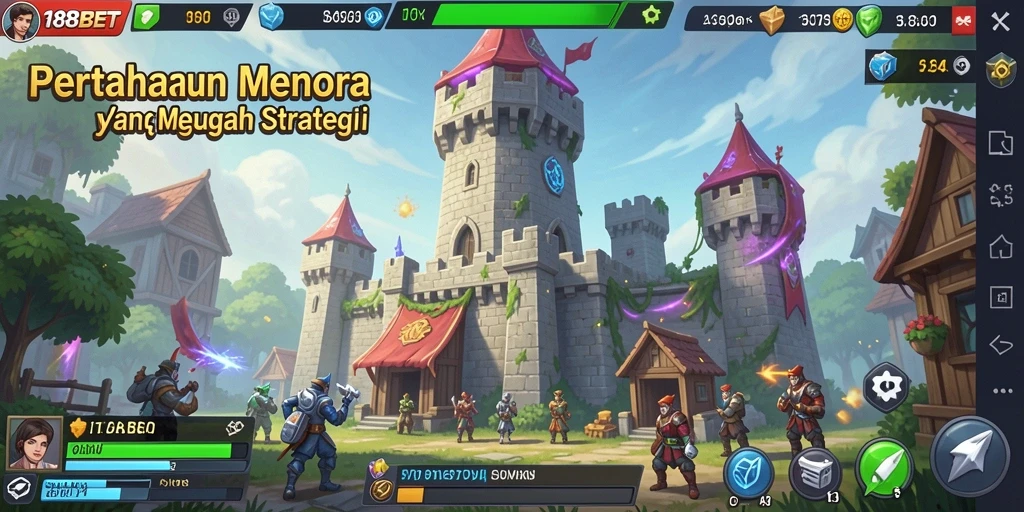 Screenshot gameplay 188BET menunjukkan menara yang siap mempertahankan dari serangan musuh.
