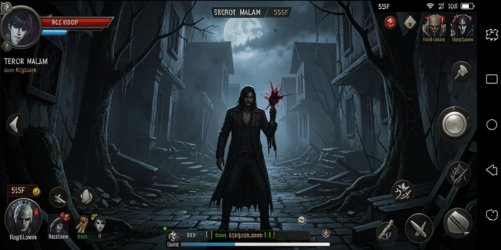 Tangkapan layar gameplay <strong>555F</strong> menampilkan suasana mencekam dan elemen horror yang mendominasi.