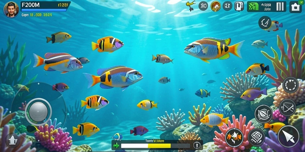 Tampilan gameplay F200M yang seru saat berburu ikan.