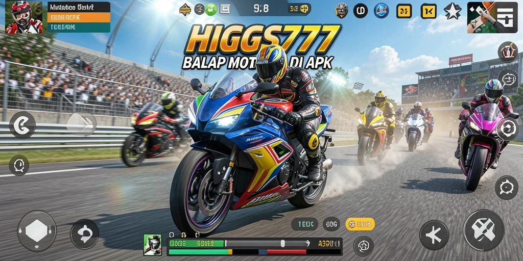 Tampilan gameplay menegangkan di HIGGS777 dengan balapan motor yang cepat.